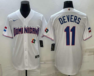 Mens Dominican Republic Baseball #11 Rafael Devers 2023 White World Baseball Classic Stitched Jersey